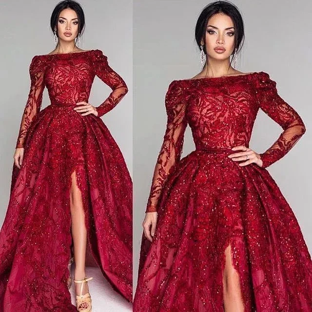 

Dark Red Illusion Bodices Formal Party Evening Dresses 2024 New Long Sleeves Sexy Backless Side Split Prom Gowns Satin Lace Bead