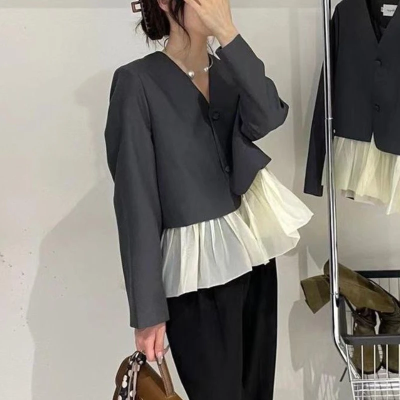 Spliced Casual Blazers Women Fake Two Piece Vintage Ladies Hotsweet Temper Elegant V-neck French Stylish Personal Fashion Ins