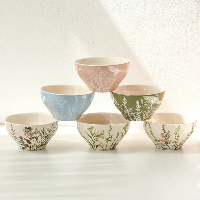 New Pretty Fresh Style High Temperature Fired Ceramic Rice Bowl Tableware Floral Pattern Noodle Breakfast Fruit Multiple Colors