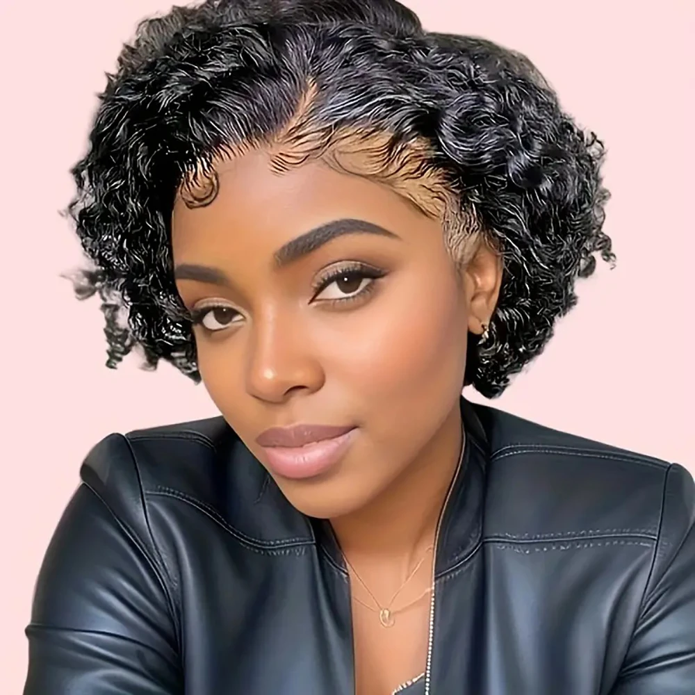 

Short Pixie Cut Curly Human Hair Wig Natural Color 13x4x1 T part lace closure Curly for Women Curly Wave