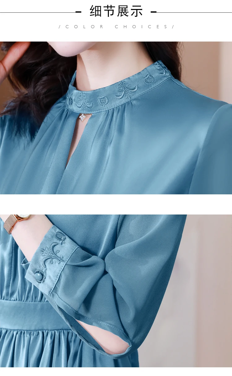 2023 Autumn New Silk Long Heavy Industry Embroidered Satin Long Sleeve Dress O-Neck Loose Large Size Slim Knee Length Gown