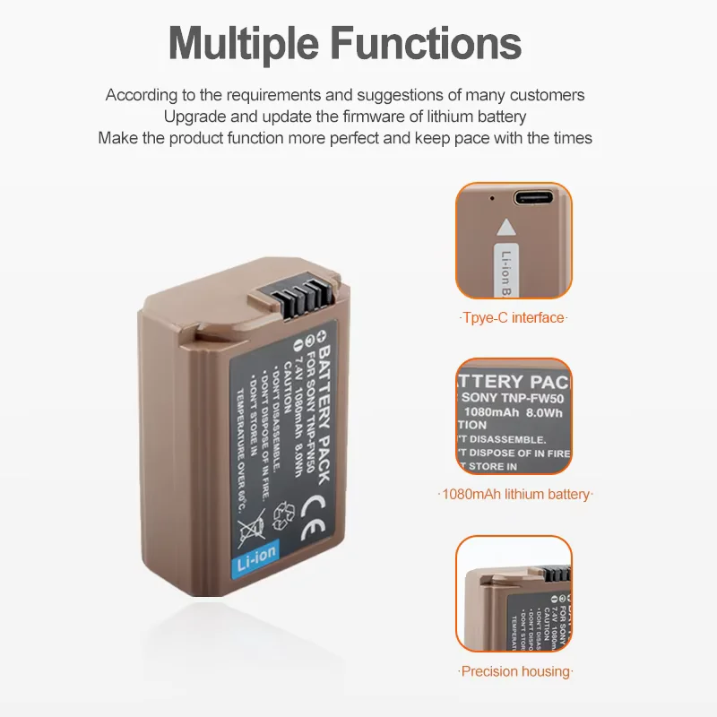 Batería de cámara TNP-FW50 NP FW50 de 1080mAh con entrada de carga tipo C para Sony Alpha a6500 a6300 a6000 a5000 a3000 NEX-3 a7R ZV-e1