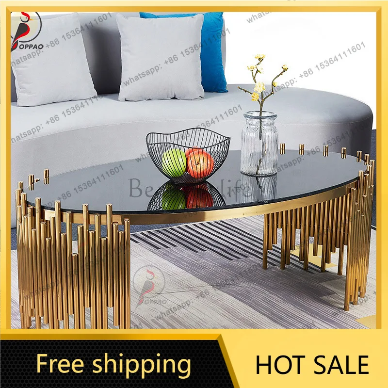 LS Light Luxury Simple Stainless Steel Oval Coffee Table Design Round Stylish Golden Glass Tea Table