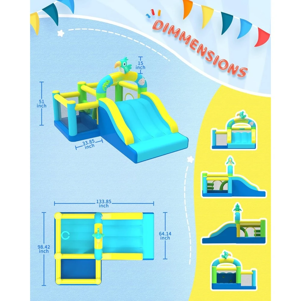 Castelo inflável para crianças, Casa de salto com ventilador, Slide largo, piscina de bola, jogo de quintal, festa divertida