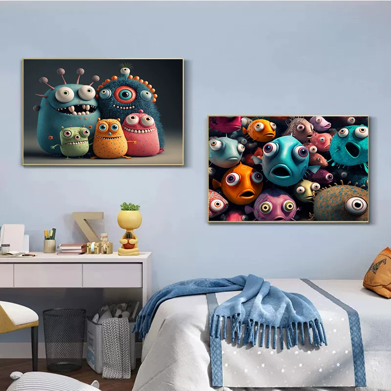 Wall Art Cartoon More Big Eyed Fish Family Posters and Prints Canvas Painting Nursery Children's Room Bedroom Home Decoration