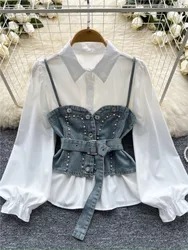 Vintage Casual Slim Blouses Tops French Lantern Sleeve Shirt+Diamond-encrusted Denim Belted Waistcoat Female Clothes Autumn New