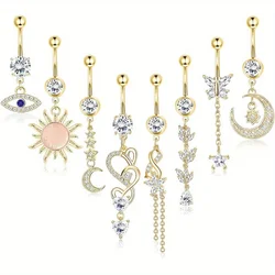Drperfect 1Pcs Stainless Steel Dangle Belly Button Rings for Women Evil Eye CZ Navel Rings Barbell CZ Body Piercing Jewelry 14G