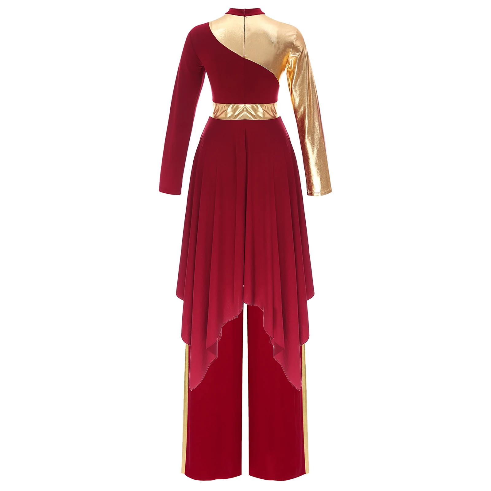 

Women Liturgical Dance Outfits Long Sleeve Asymmetrical Hem Contrast Color Dress with Metallic Patchwork Wide-Leg Pants