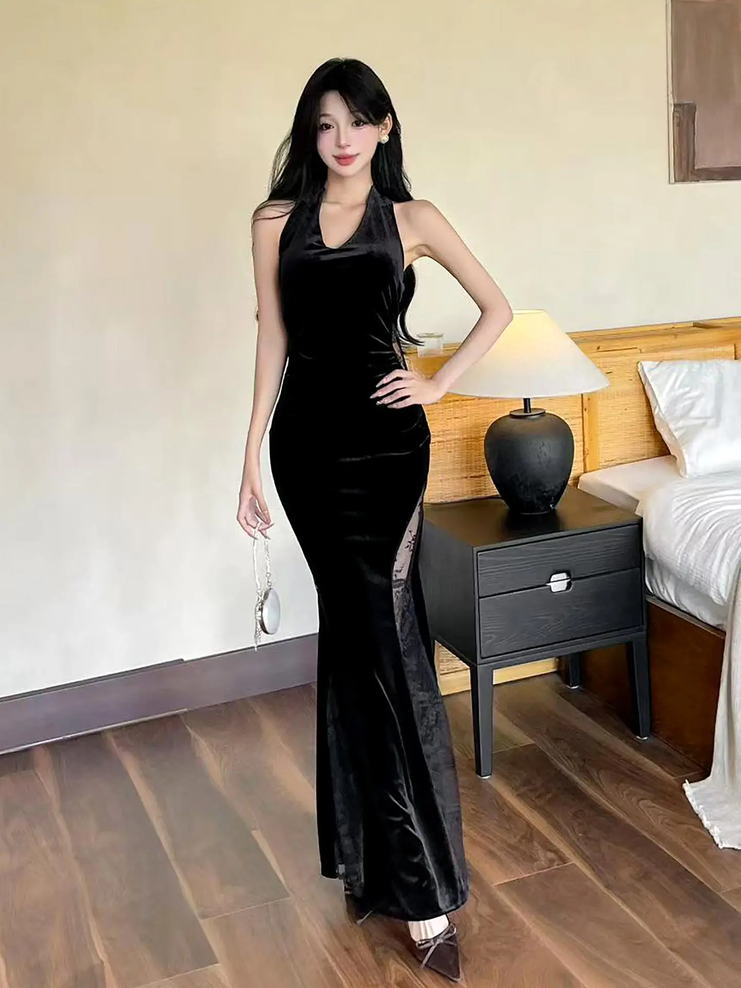 

Sexy Hollow out Ba Ne Hanging Waist Skirt Pleated Long Dr Women's Spring Autumn New Sle Bodycon Fi Tail Dr