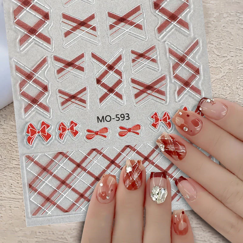 1 PC สีขาว Bowknot ตกแต่งเล็บ Y2K DIY อุปกรณ์แต่งเล็บผีเสื้อเส้นตารางรูปแบบ Self-กาวสติกเกอร์เล็บ