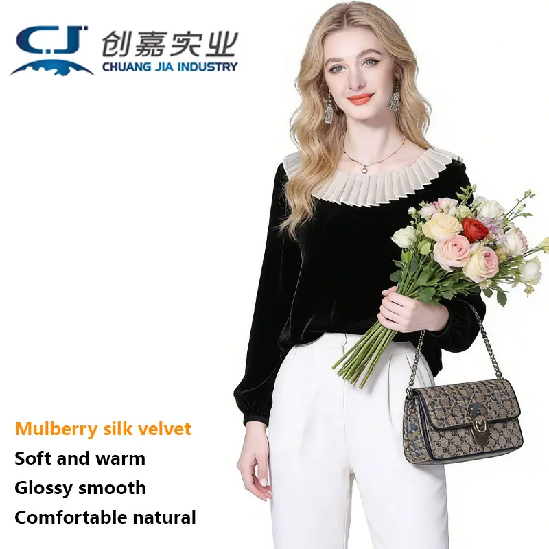 

Natural Silk Velvet Women's T-shirt with Ruffled Collar and Hood. Elegant Style, Fashionable Top with Lustrous Appearance