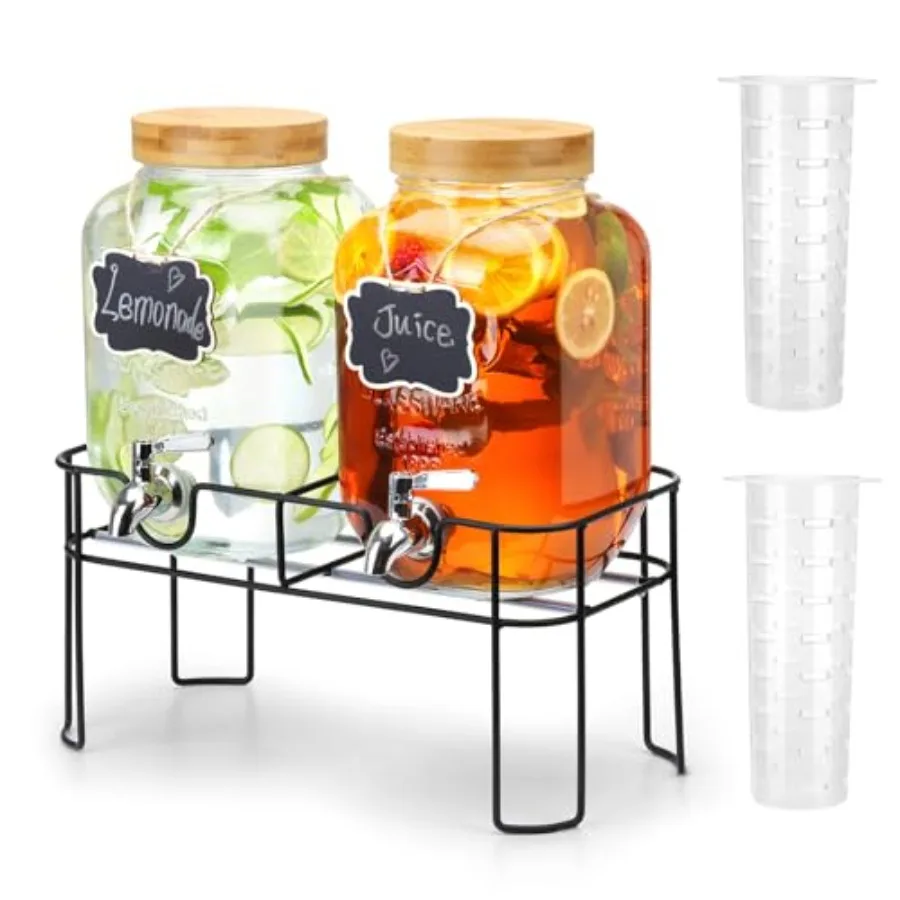 Paquete de 2 Dispensadores de Bebidas de Vidrio de 1 Galón con Tapa de Bambú, Dispensador de Bebidas con Soporte, Máquina de Bebidas para Limonada, Bebidas Heladas, Kombucha