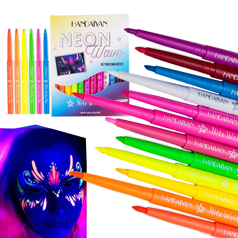 ลิปสติกแต่งหน้านีออน12สีอายไลเนอร์เรืองแสงสีสันสดใสกันน้ำแห้งเร็วอายไลเนอร์แบบเรืองแสงสำหรับงานปาร์ตี้เวทีแต่งหน้าศิลปะ