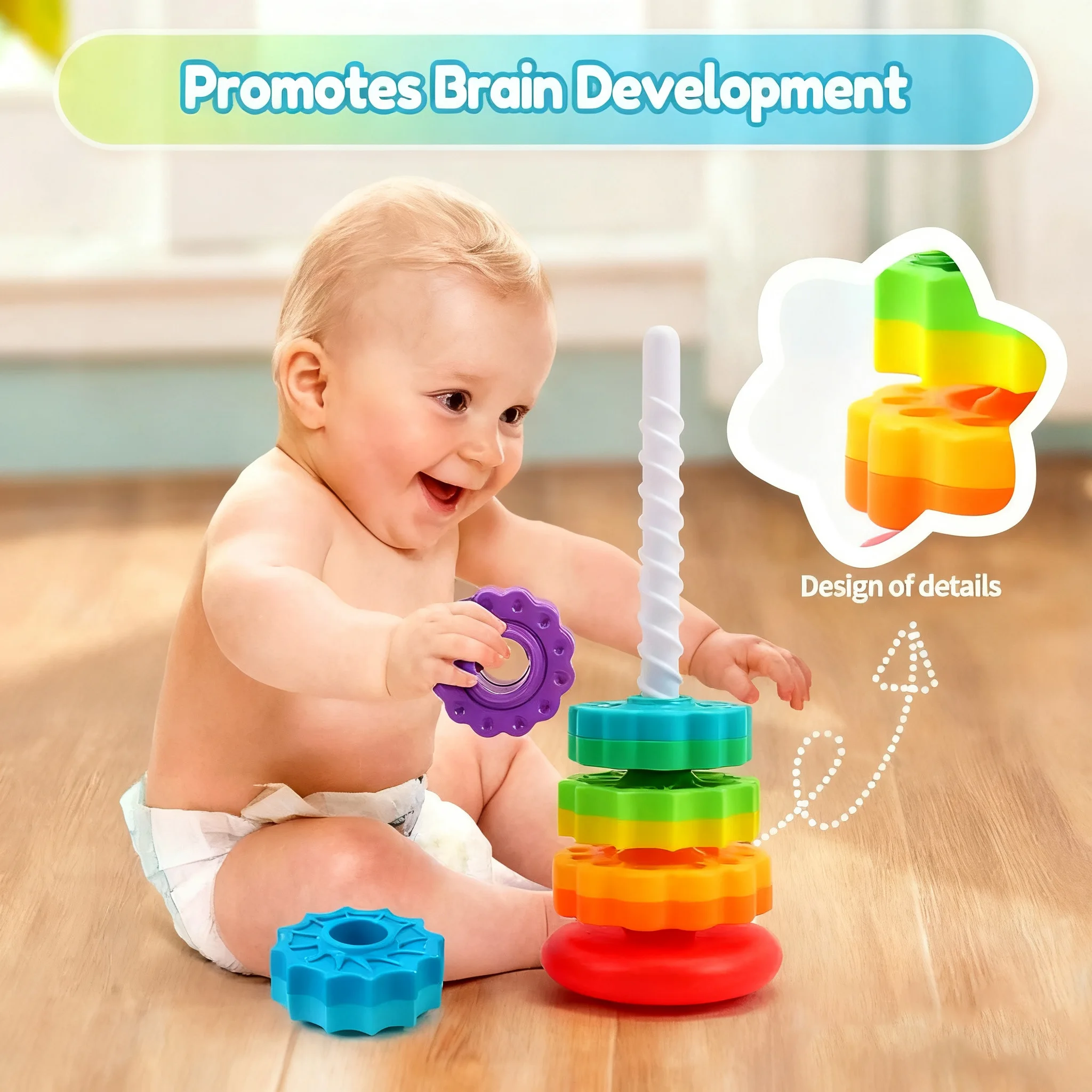 New 2025 Children's Montessori Sensory Toy Spinning Rainbow Gear Stacking Turret Tower Toddler Motor Skill Gift Educational Play