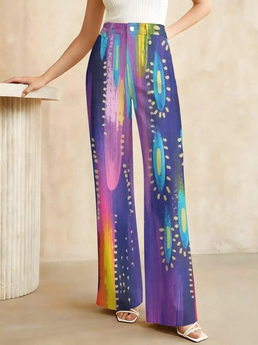 

Abstract Art Pattern Wide Leg Jeans Women Casual Colorful Dots Lines Print Spring Summer