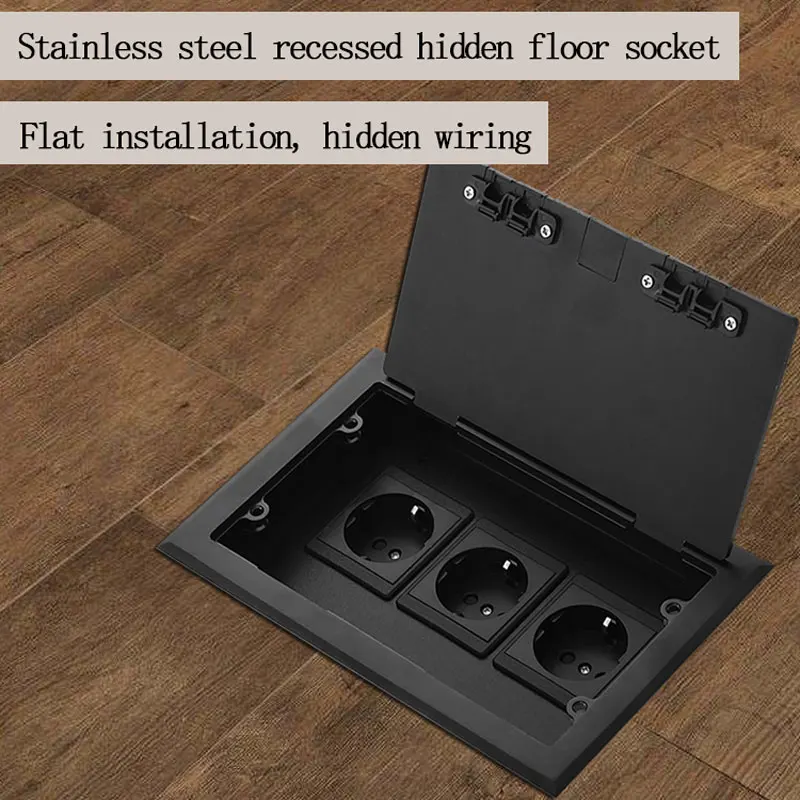 Black Stainless Steel Flat Flip Floor Outlet Embedded Concealed Hidden Socket, EU UK Universal 3-port 3pin 16A Power Socket