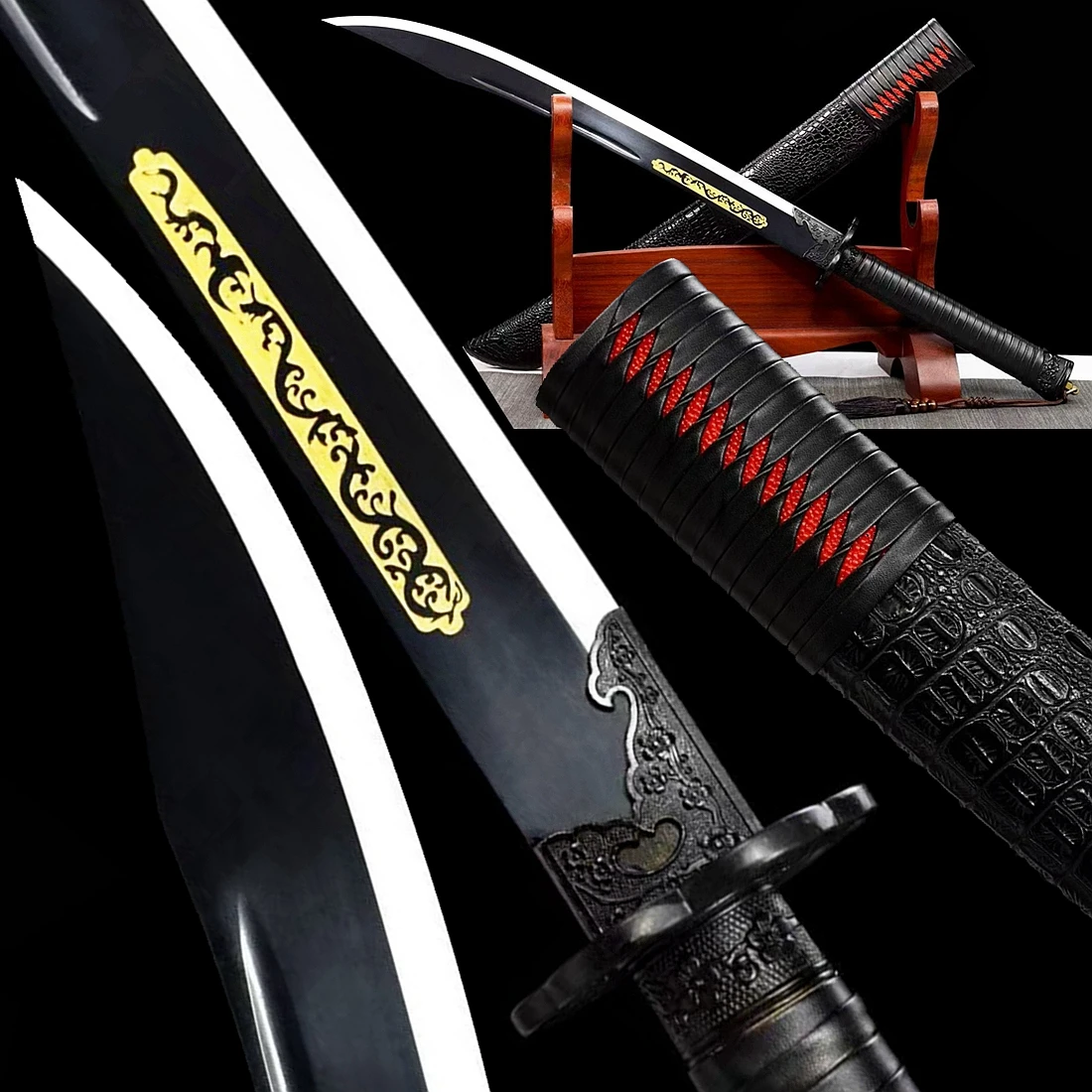 80CM*KungFu One Handed Dao Black High Manganese Steel Blade Battle Big Knife Chinese Saber Jian WuShu Broad Sword