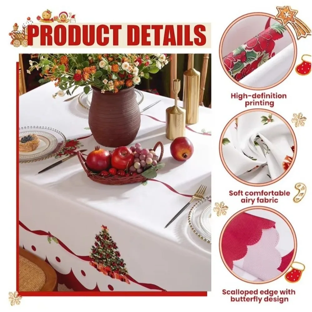 Rectangle Decorative Table Cloth Reusable Waterproof Christmas Table Cover Poinsettia Floral Xmas Tablecloth Festival Props