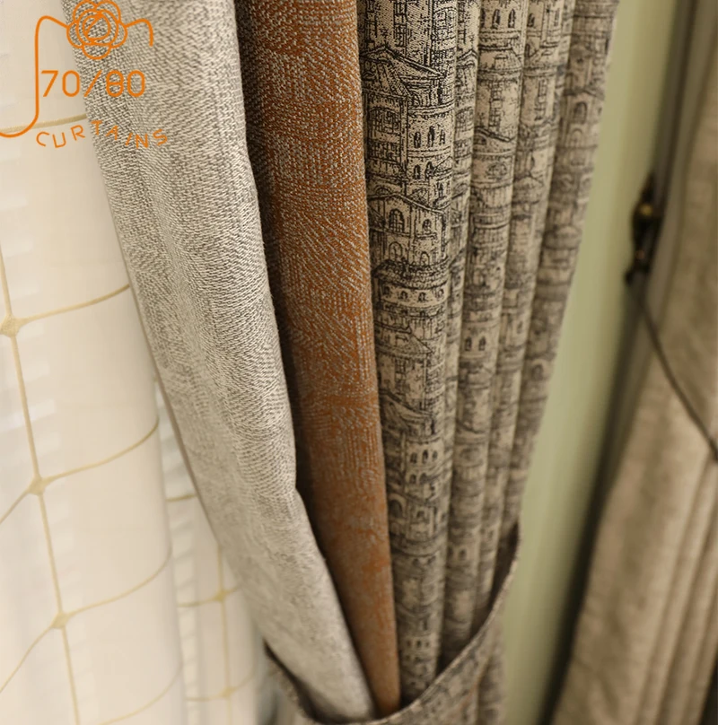 

Retro Linen Jacquard Splicing Thickened Sound Insulation Curtains for Living Room Bedroom French Window Balcony Villa Valance