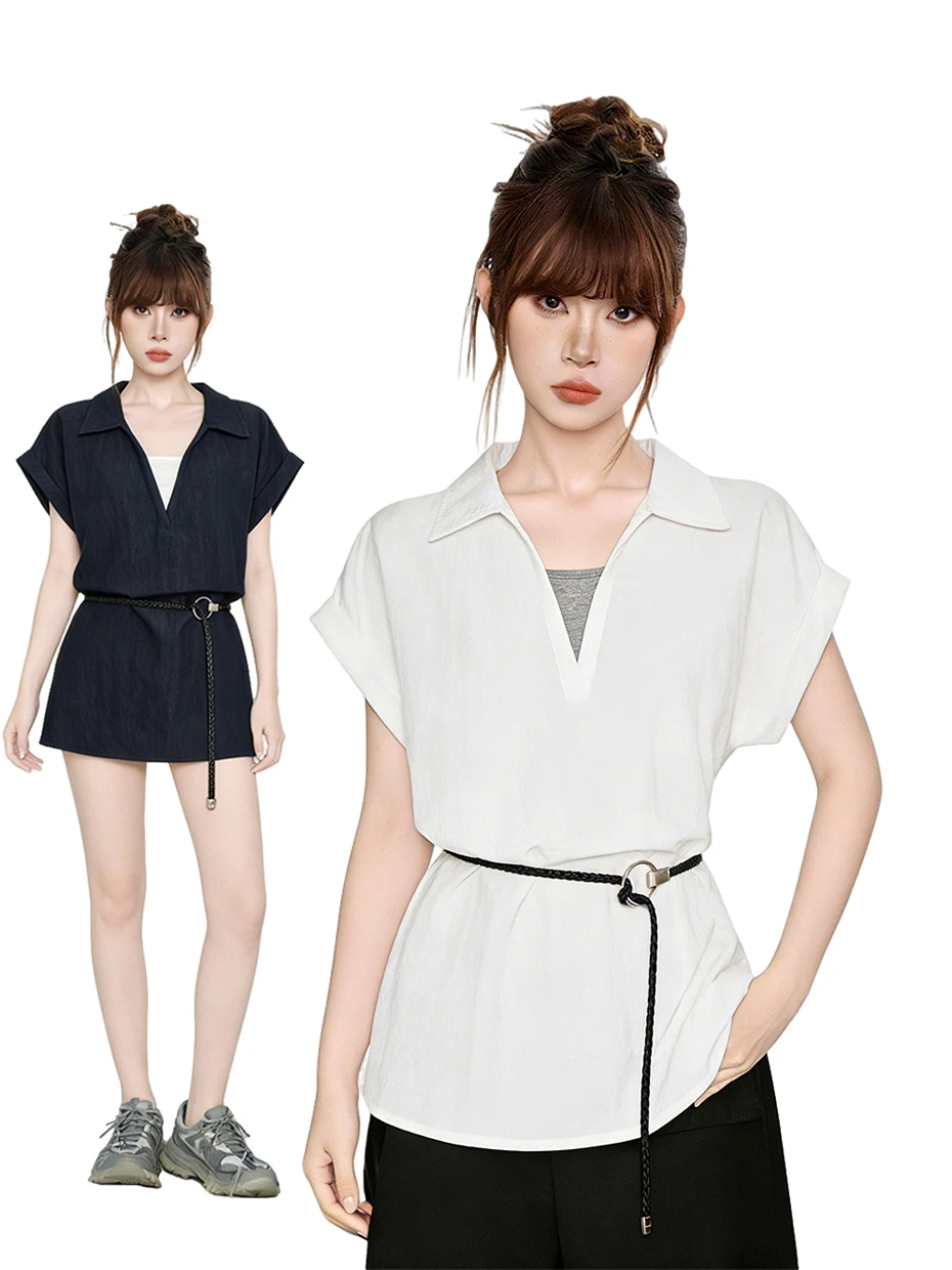 

Women's Denim Short Sleeve Shirt Spring Summer New Style Waist Cinched Patchwork Layered Top Casual Commute Style Loose Fit