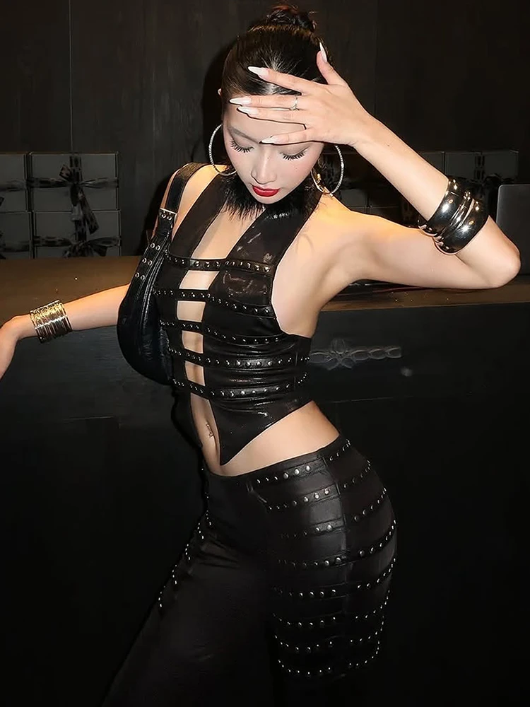 

Weird Puss сексуальный топ на бретелях в стиле панк женский Холтер с открытой спиной и перьями в стиле пэчворк на молнии нерегулярные полые заклепки дикая мода тонкая уличная одежда