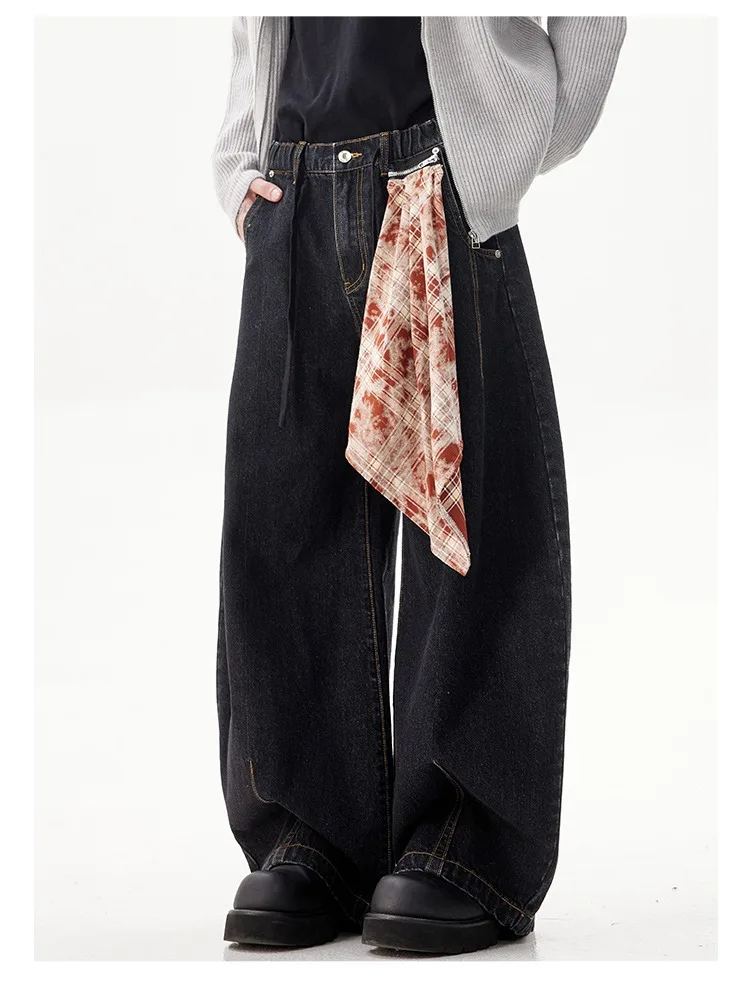 Y2K أنيقة منحني سكين السراويل النمط الأمريكي انفصال ساحة وشاح الجينز النساء المشاغبين وسيم كلينفيت واسعة الساق بنطلون