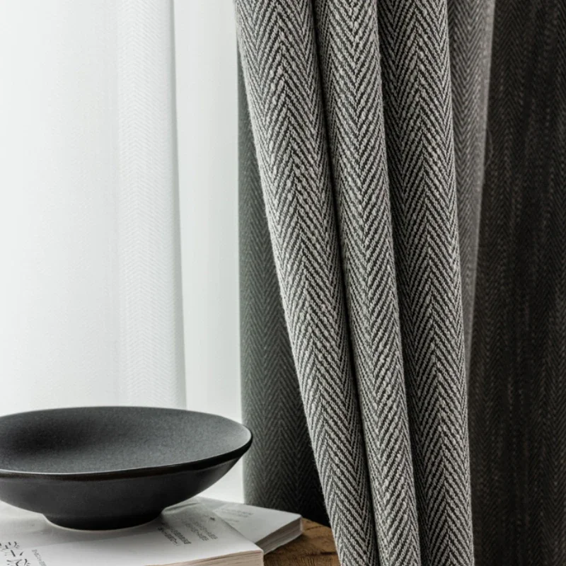 Nordic Simple Herringbone Pattern Cotton and Linen Curtains Thickened Blackout Window Curtains for Bedroom Living Room Custom