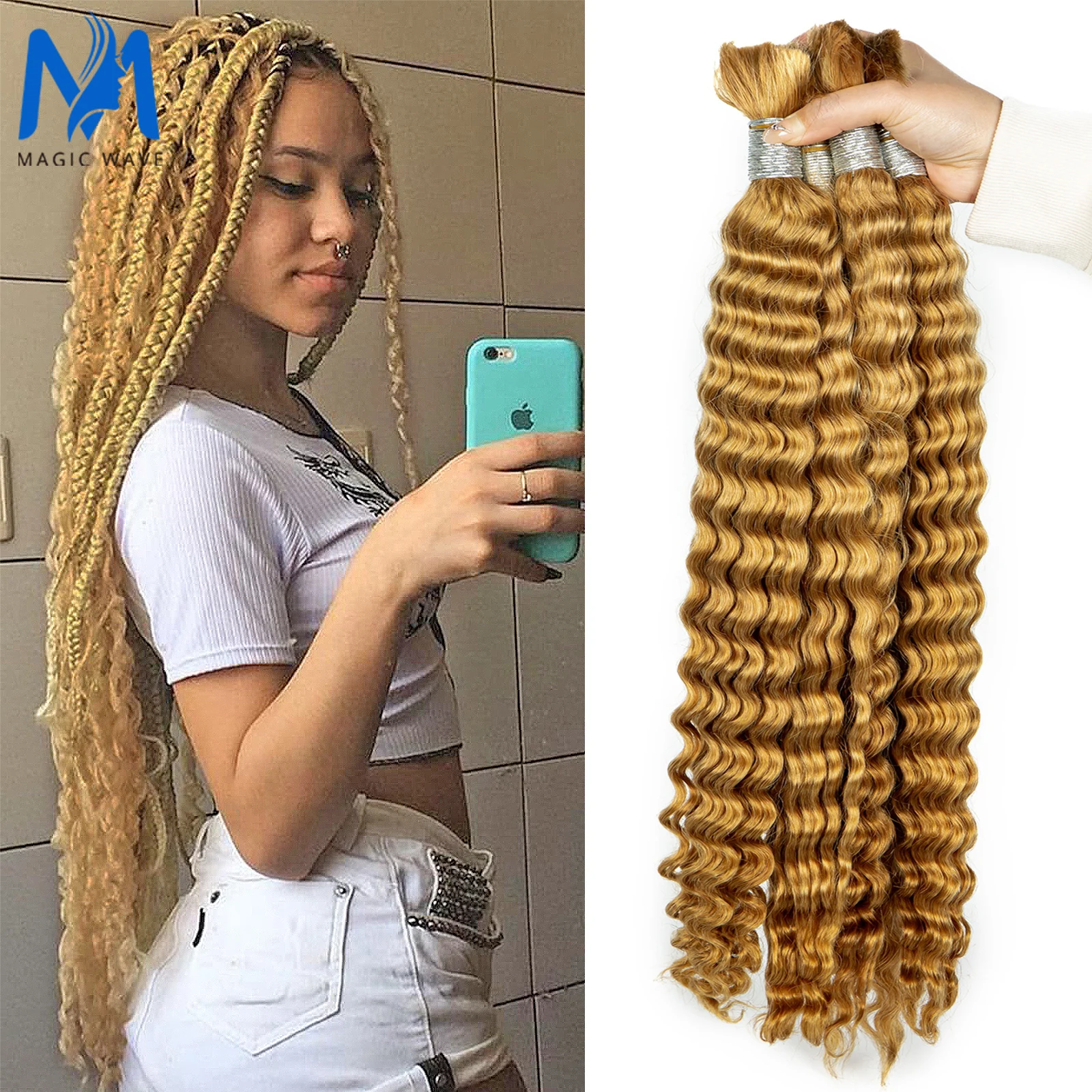 

27# Honey Blonde Hair Bulk for Crochet Braiding Brazilian Deep Wave Bulk Human Hair Colored Remy Hair Extensions for Women