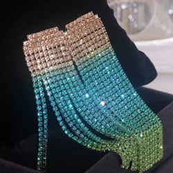 Sparkling Colorful Crystal Rhinestone Long Tassel Earrings for Women Dinner Party Drop Dangle Earrings Fashion Wedding Jewelry