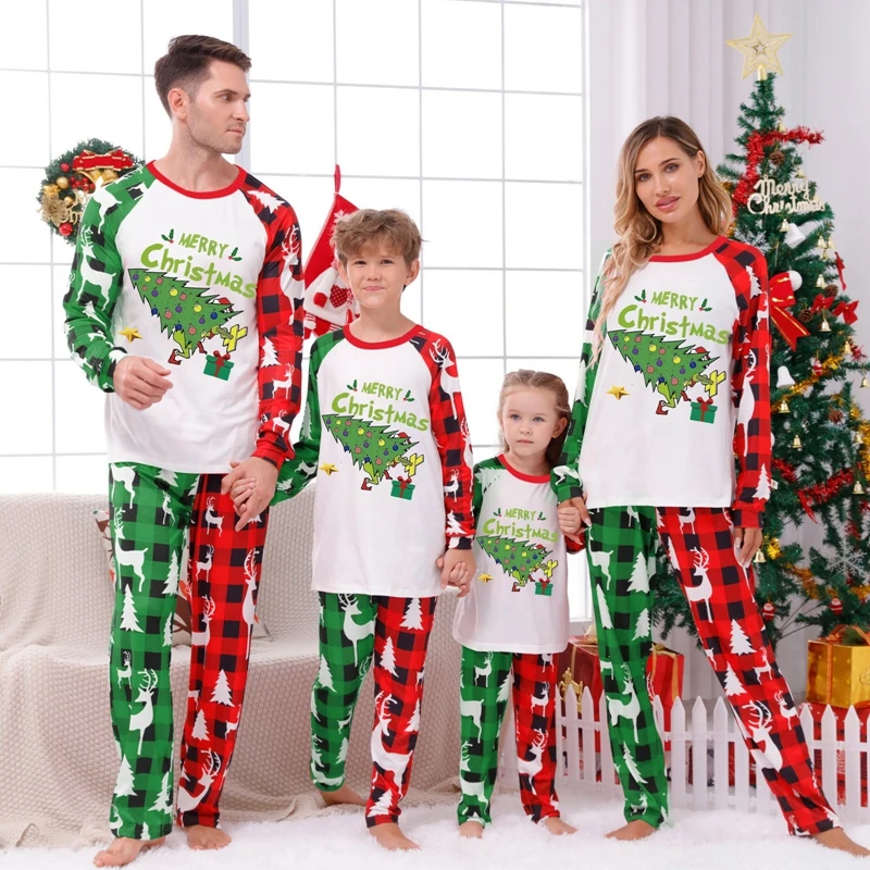 

Christmas Home Clothes Family Set Plaid Elk Christmas Tree Print Pijamas Nightwear Family Matching Outfits Xmas Sleepwear