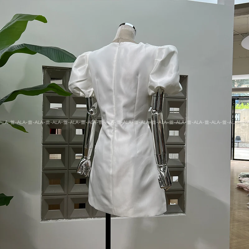 French Elegant Socialite Party Dresses V-Neck Bubble Sleeve 3D Handmade Flower High Waist A-line Temperament Short Dress Women