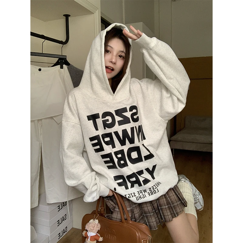 Solto ajuste longo sve carta impressão moletom feminino sle versão coreana outono nova chegada versátil feminino hoodie