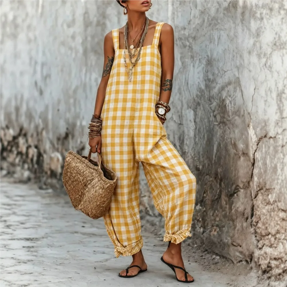 Fashion Summer Plaid Jumpsuit Women Sleeveless Square Neck Loose Trousers Casual Holiday Beach Boho Style Romper With Ruffle Hem view 2