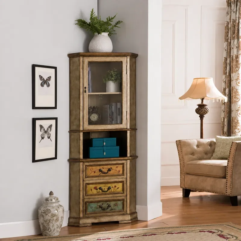 American Rural Style Painted Solid Wood Corner Cabinet Triangular Display Shelf with Three Tiers for Living Room Wine Book