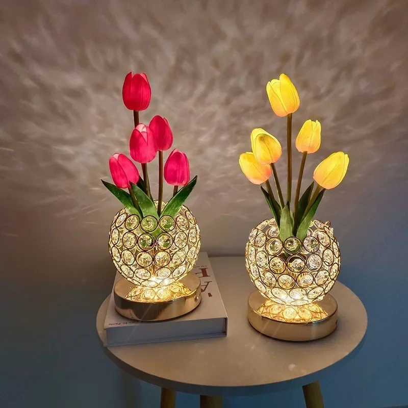 Creative LED Tulip Simulation Flower Pot Ornament Crystal Atmosphere Lamp Indoor Bedroom Bedside Decoration Lighting Fixture