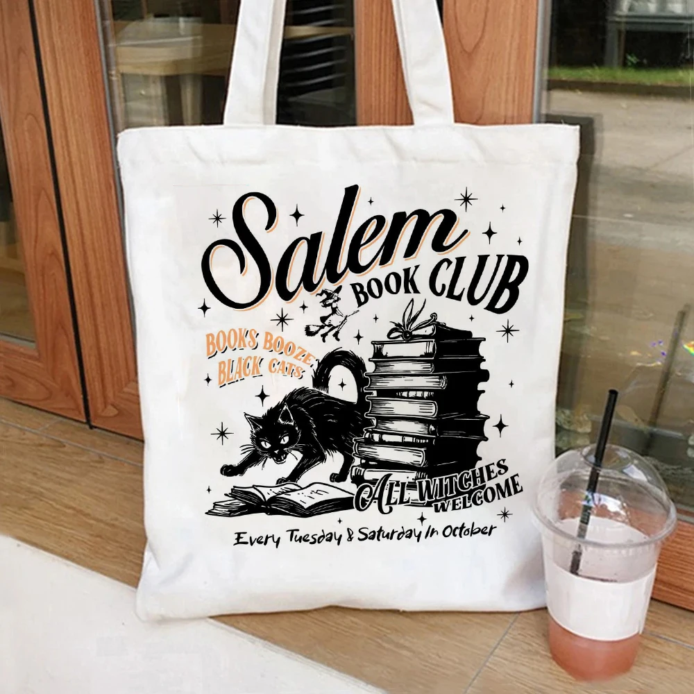 Black Cat Salem Book Club Tote Bag Set Women Shoulder Handbag Cosmetic Bag Canvas Large Capacity Shopping Bag Eco Travel Pouch