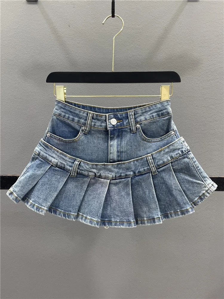 

Retro American Denim Pleated Skirt Women's 2026 Summer Design Splicing Slimming Sexy A-Line Short Skirts Casual Style