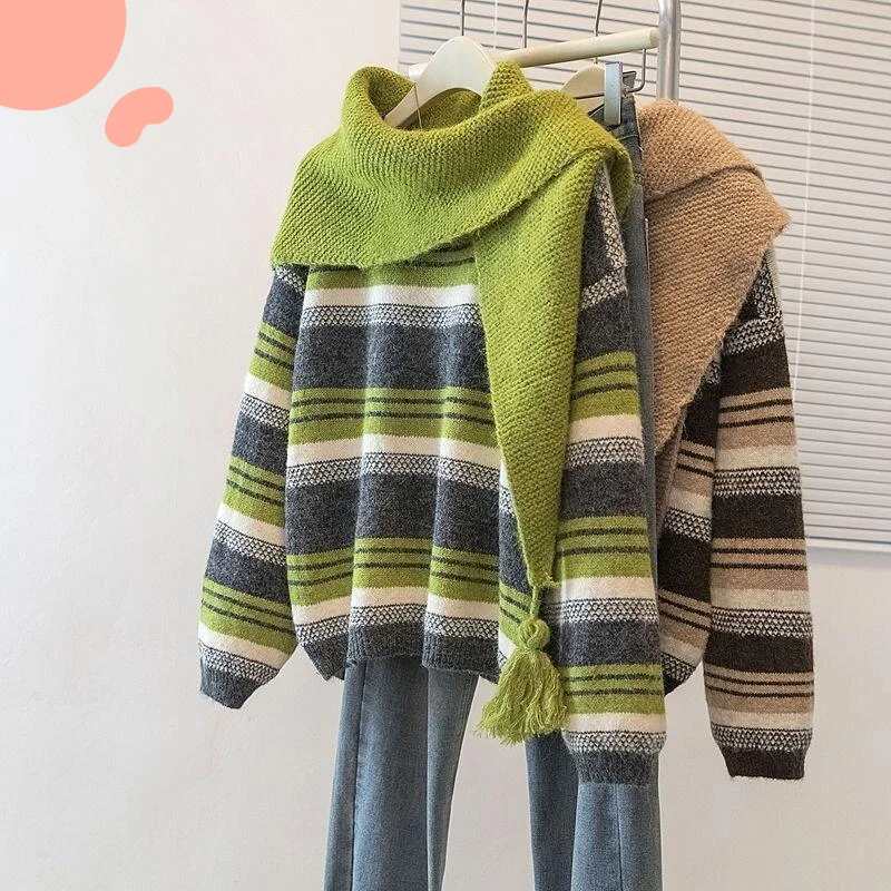 스웨터 니트웨어 여성 투피스 스웨터 스카프 그린 스트라이프 드롭 숄더 여성 봄 가을 겨울 신상 니트 숄 레이어링