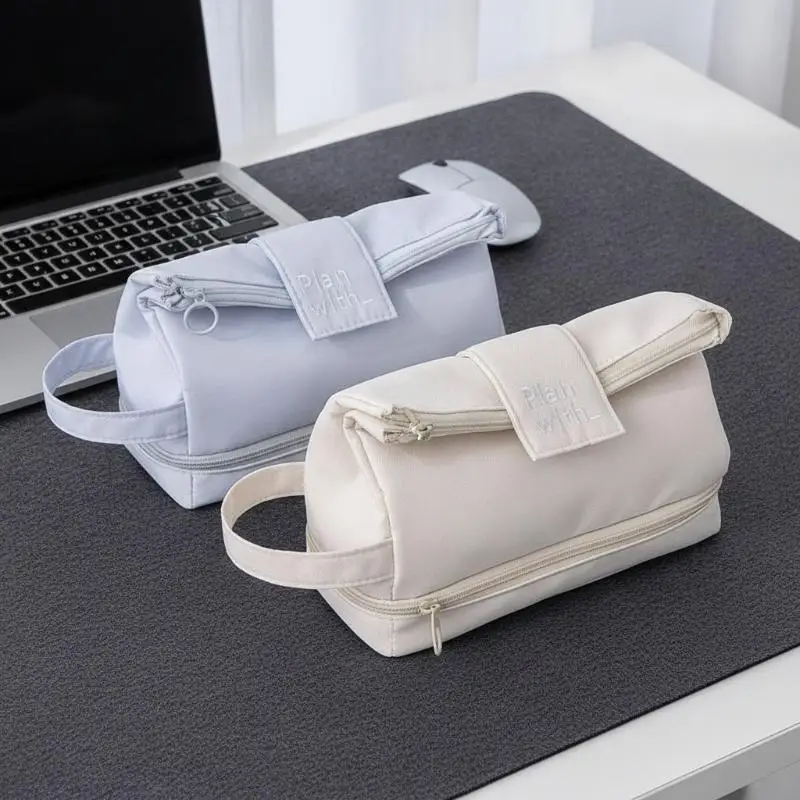 Fold-down Double-layer Pencil Case, Large Capacity, Japanese Minimalist Style.
