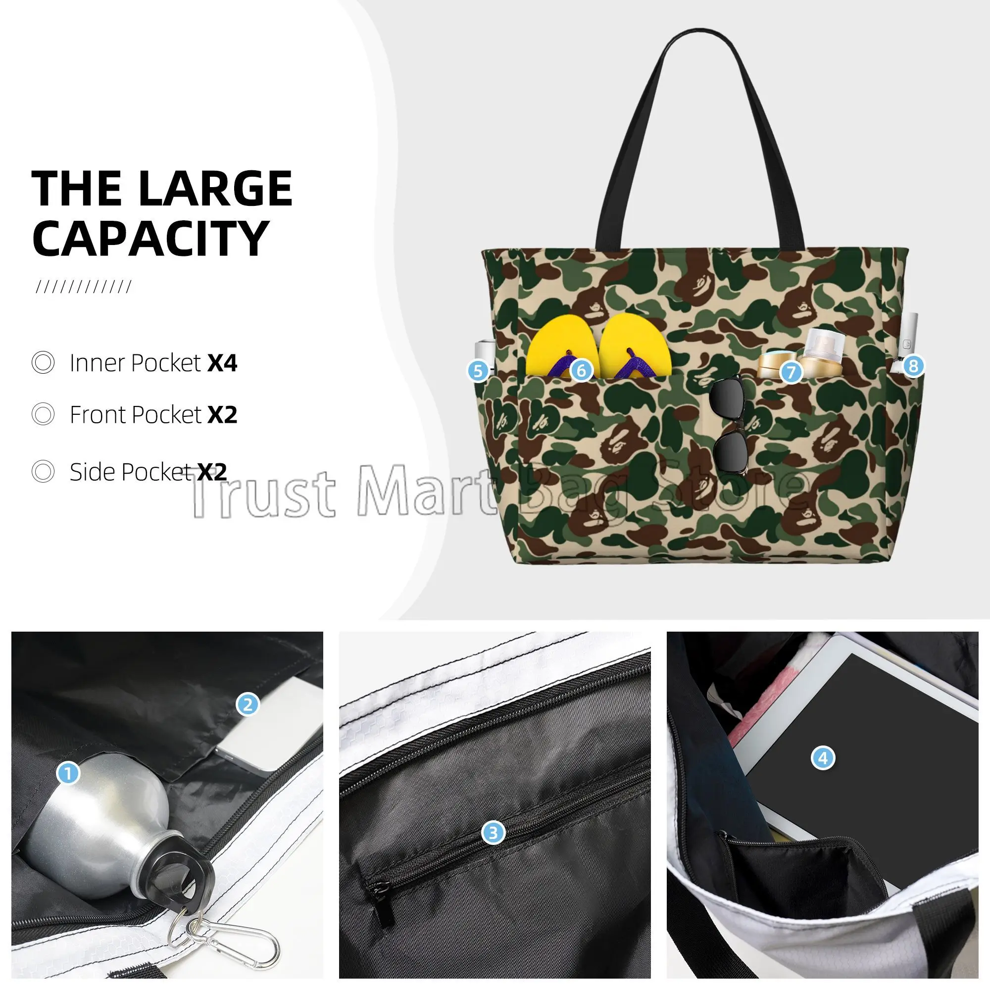 Green Camouflage Camo Large Waterproof Beach Bag for Women Sandproof Pool Tote Bag Reusable Handbags for Travel Vacation Swim