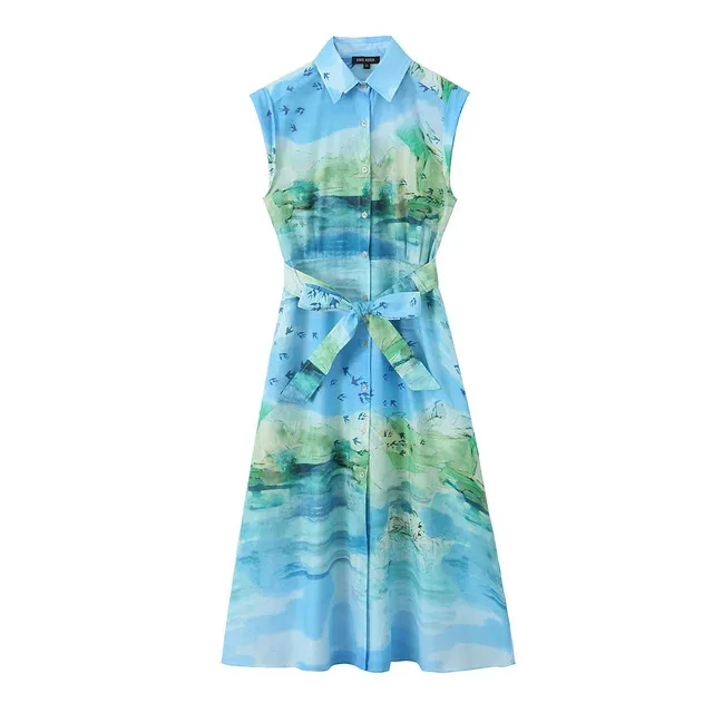 

BabYoung Women Summer Fashion Turn Down Collar Sleeveless Belt Single Breasted Printed Shirt Female Chic Ankle Length Dress