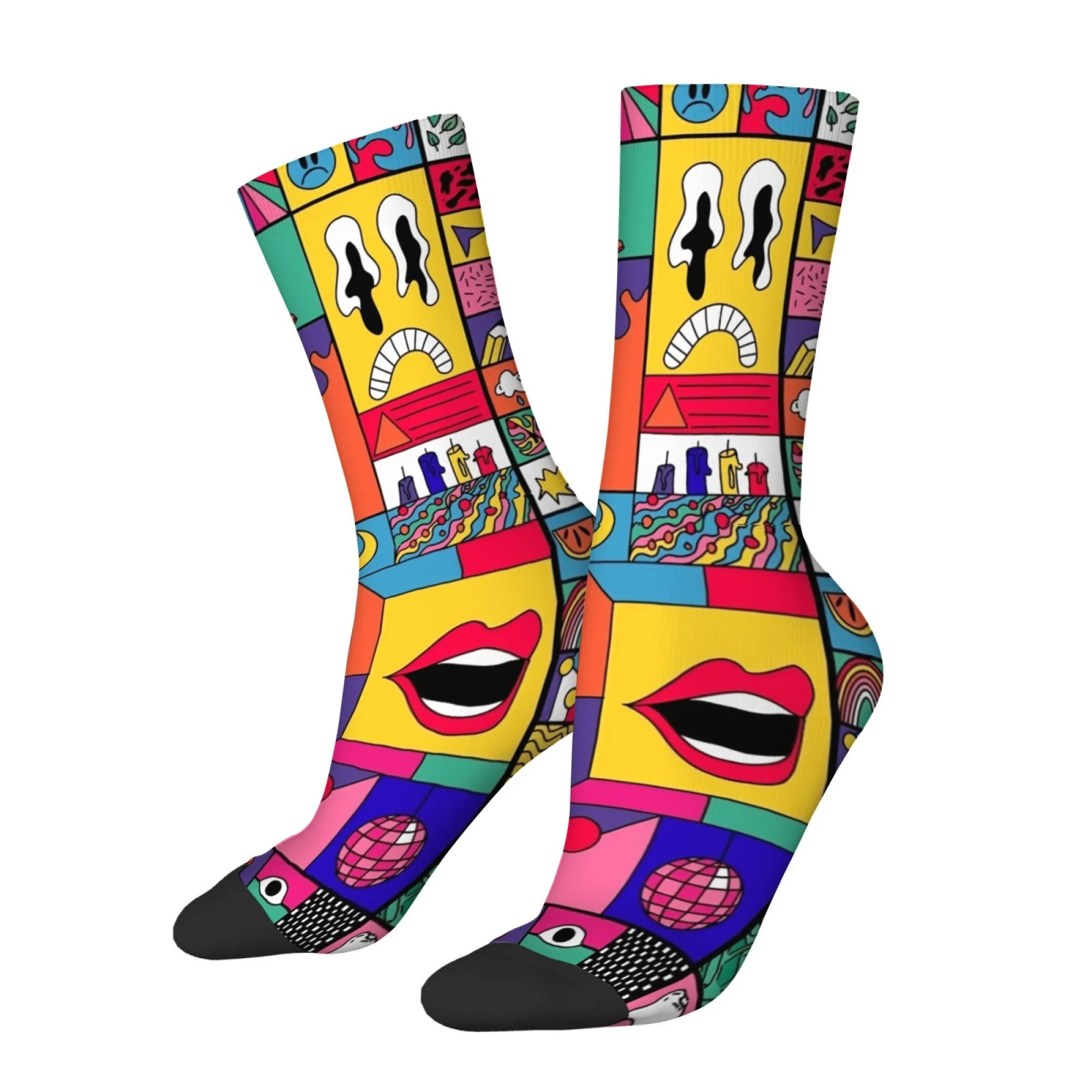 

Vibrant and Colorful Socks Memphis-style Patchwork Expression Men's Mid-calf Socks Retro and Quirky Trendy and Comfortable