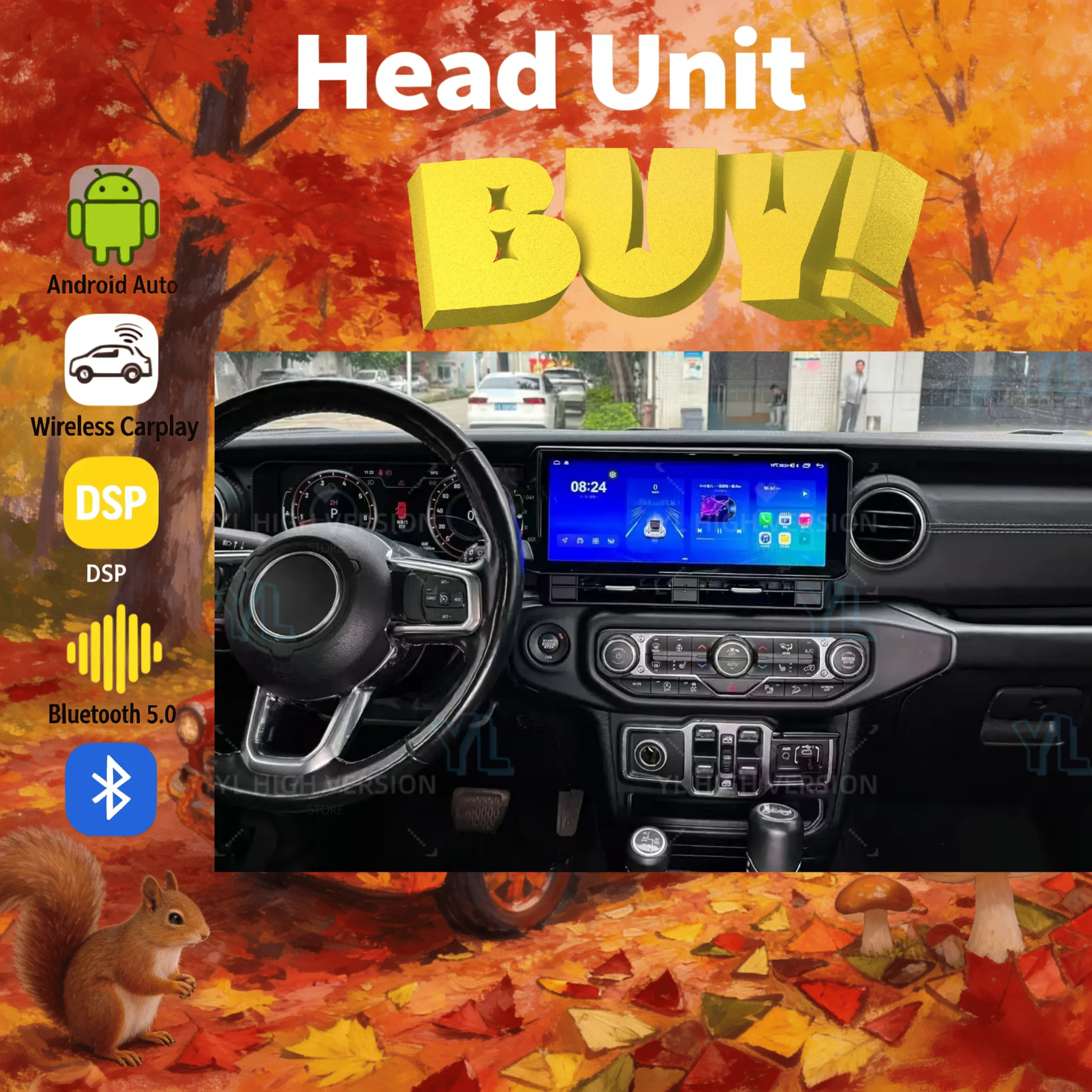12.3 Inch Dual Screen For Jeep Wrangler 2018 -2022 Multimedia Android 14 Car Radio Digital Cluster Dashboard Head Unit Bluetooth