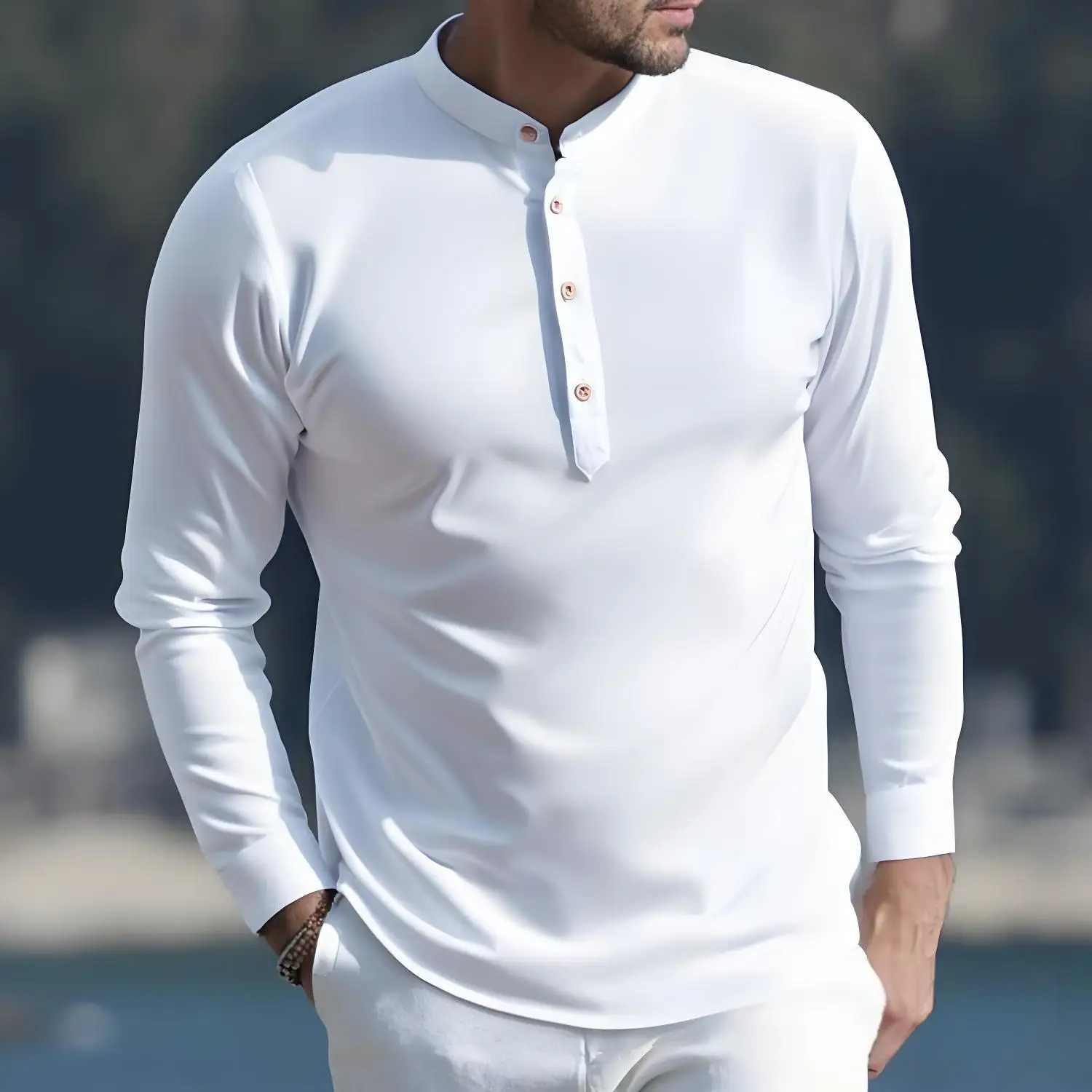 Męskie wiosenne, codzienne, retro koszule z długim rękawem zapinane na guziki, modne męskie bluzki w jednolitym kolorze ze stójką w stylu streetwear.