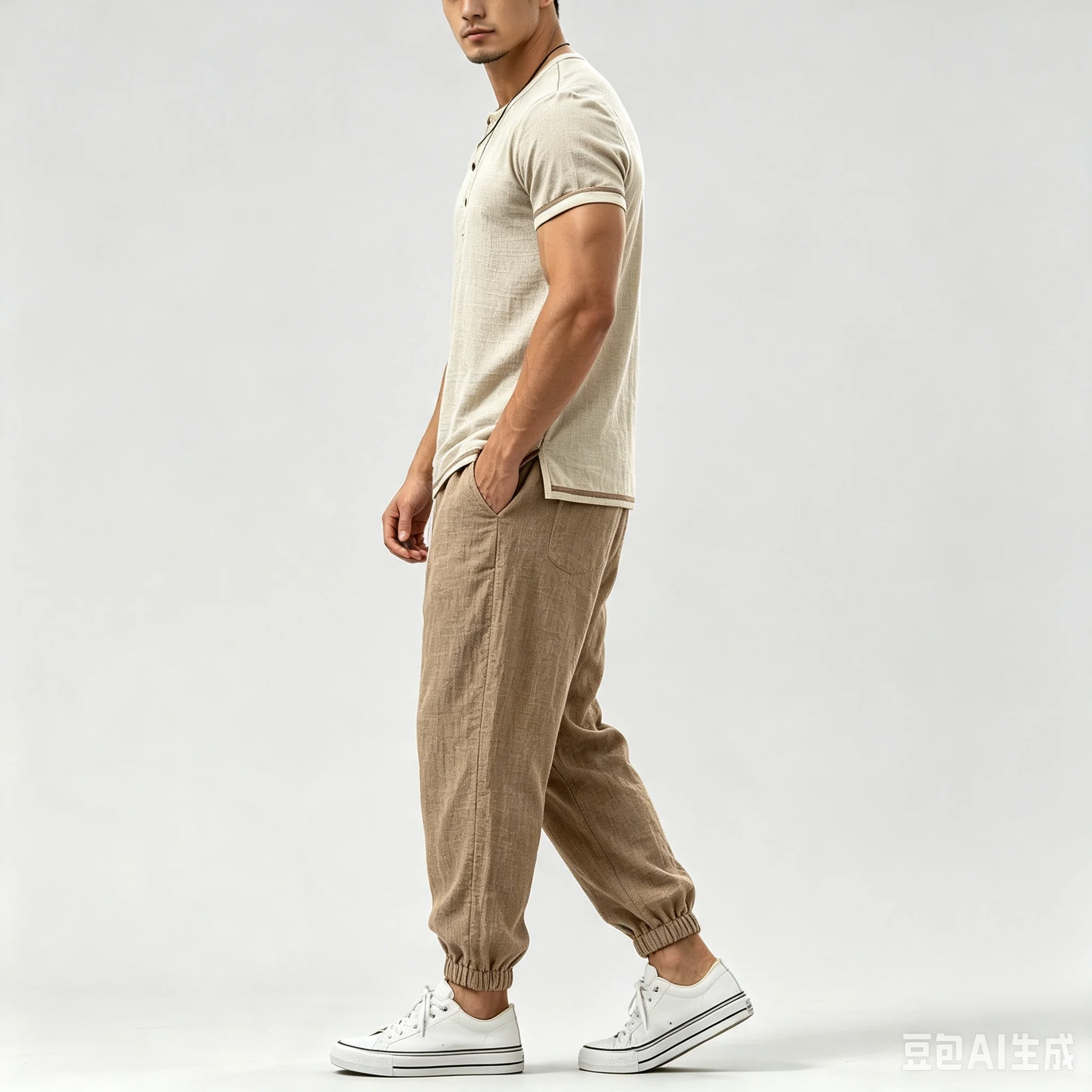 Herren 2-teiliges Freizeitset, einfarbig, Kurzarmhemd mit Knöpfen und lange Hose, Sommer-Outfit, Streetwear-Trainingsanzug – Detail 8