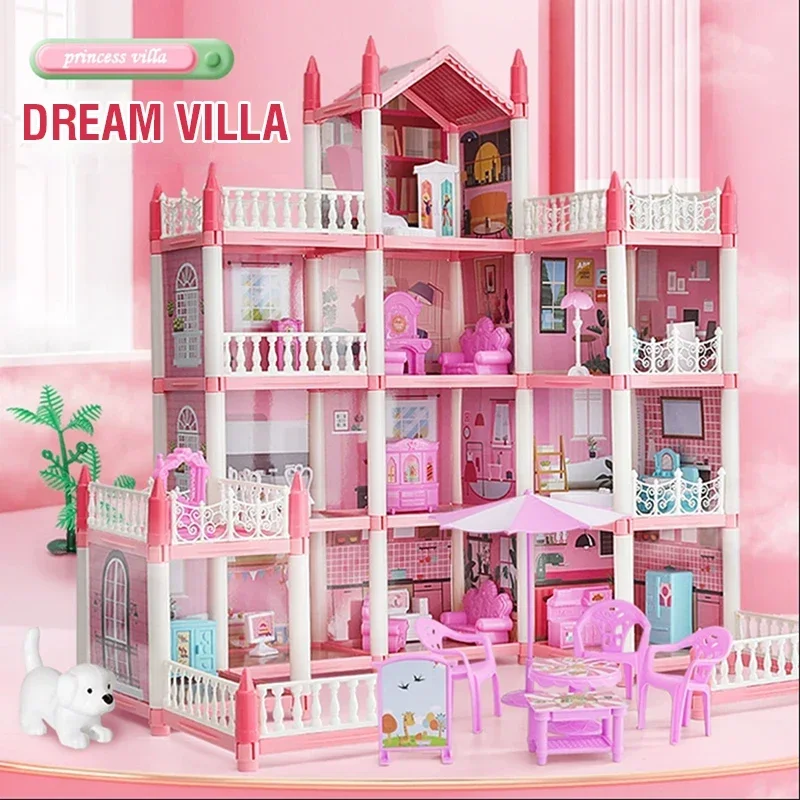 Casa de muñecas grande, montaje Diy, Villa, Castillo de princesa con muebles, mascotas, casa de juego de imitación, juguetes para niñas, regalos de navidad