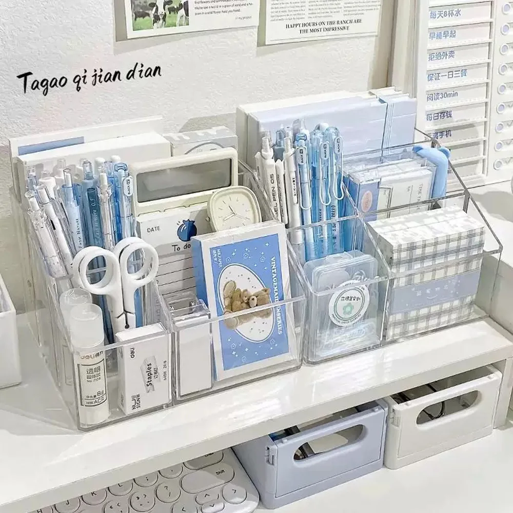 Clear Acrylic 5 Compartment Pen Holder Ins Style Desk Organizer Square Plastic Stationery Storage Case