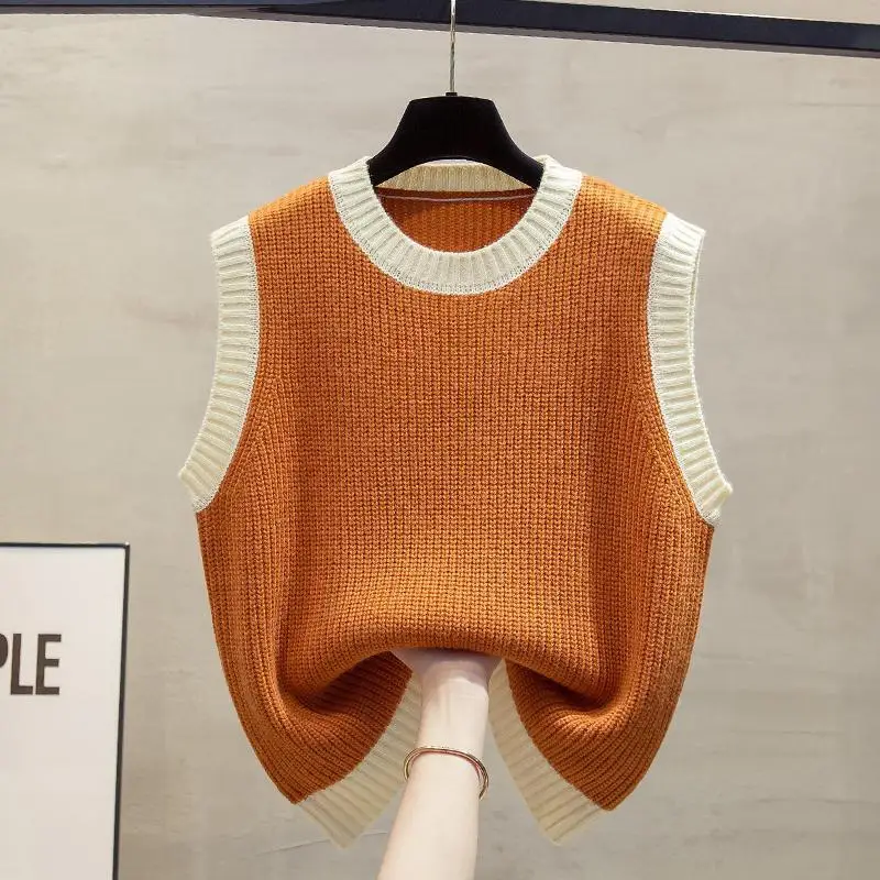 Round Neck Knitted Vest Women\'s 2024 Spring and Autumn New Loose Outer Wear Tank Top Color-blocked Layered Sweater Top