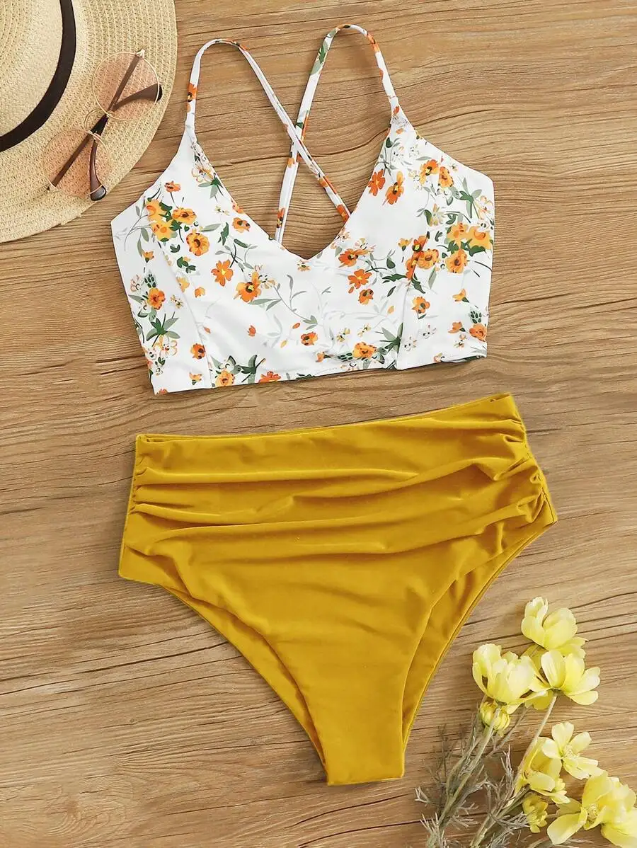 

Floral Print V-Neck Cross Back Bikini Set High Waisted Yellow Bottom