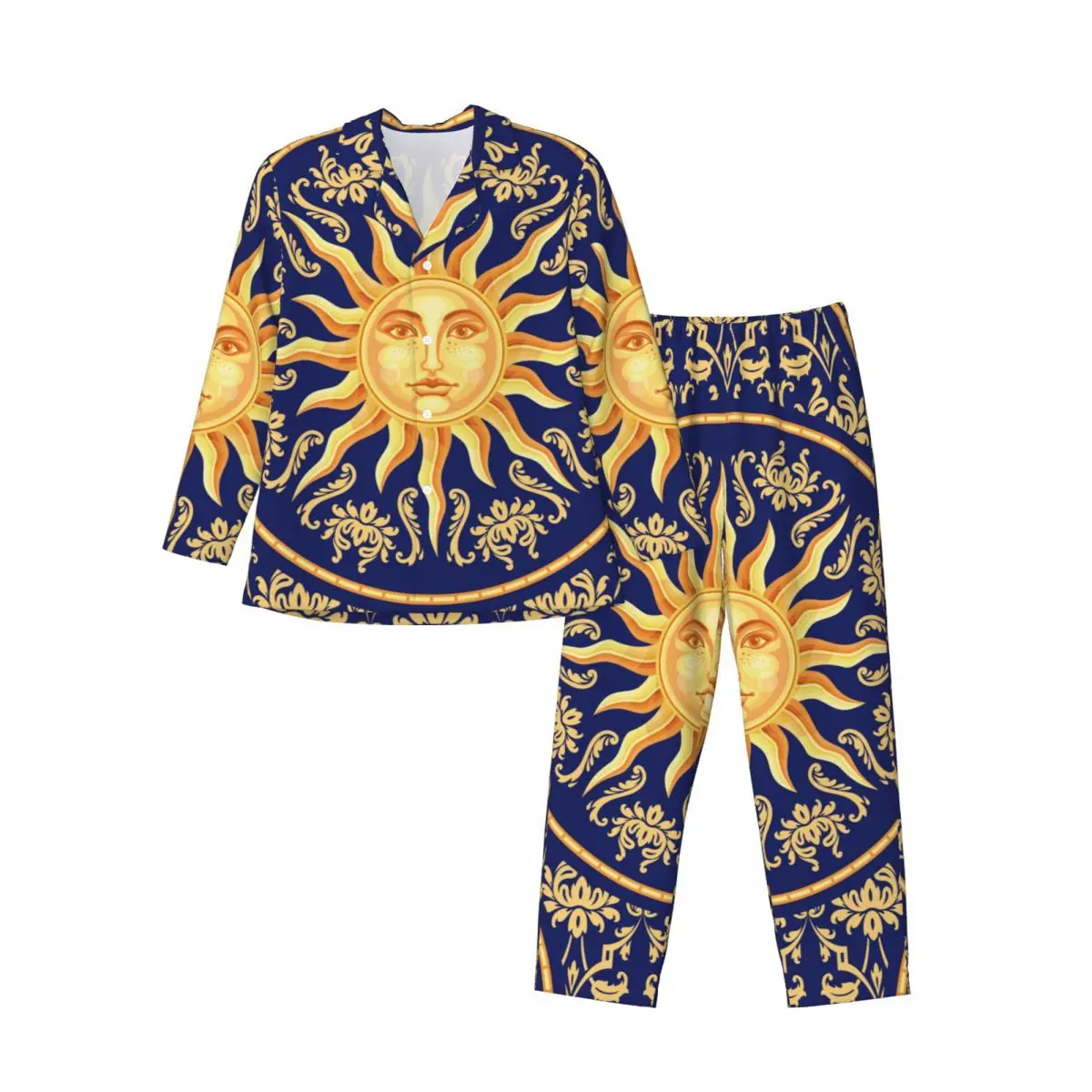 Men Pajamas Set of Autumn Winter Long-Sleeved Baroque Blue And Gold With Sun Face Home Clothing Sleepwear 2PCS/Set